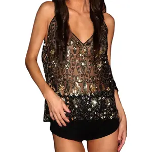 Women's Sparkly Sequin Tank Top Y2k Beaded Sheer Cami Mesh Party V-Neck Rave Top for Ultimate Party Vibe Soft Sheer Mesh Base Brilliant Sequins V-Neck Design