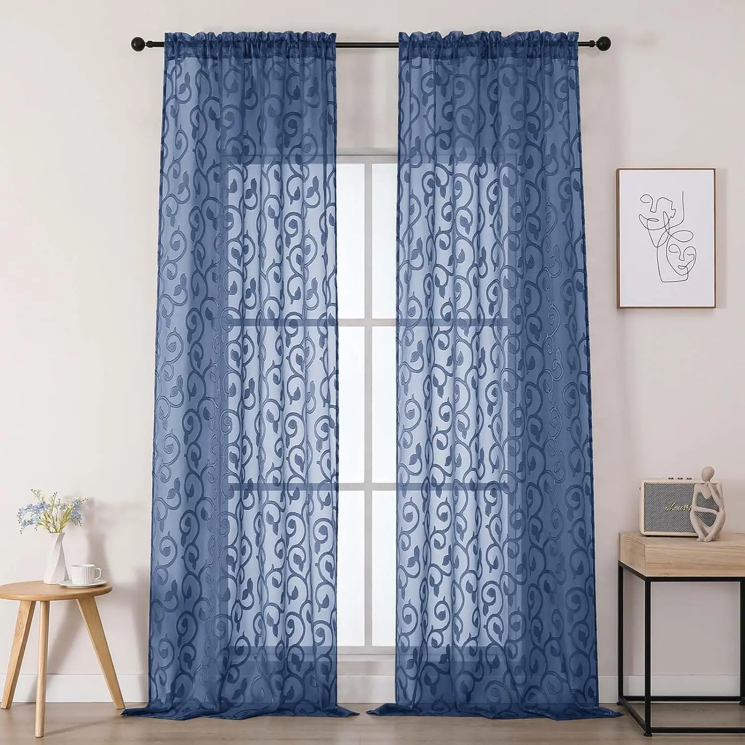 Dusty Blue 2-Piece Textured Sheer Light Curtains Set, 42" W x 96" L Each, Airy Light-Filtering Geometric Rod Pocket Drapes, Contemporary Modern, Machine Washable for Bedroom, Dining Room, Bathroom