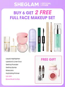 【BUY 6 GET 2 FREE】SHEGLAM 8 Piece Full Face Makeup Set Mascara Hydrating Primer Liquid Highlighter Lipstick Liner Setting Powder Setting Spray Lip Jam Brow Brush