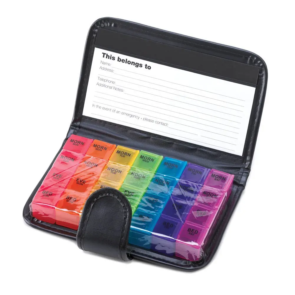 FineLife Products Healthcare 7-Day 4-Times-A-Day Pill Organizer Wallet with Calendar, Compact Space-Saving Design, Reminder Function, Included Travel Bag