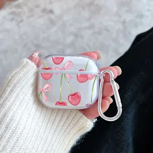 Cherry Bow Delight Pattern TPU Soft Protective Case for Apple AirPods 4/3/2/1/Pro/Pro2 Transparent Earphone Cover with Keychain Attachment