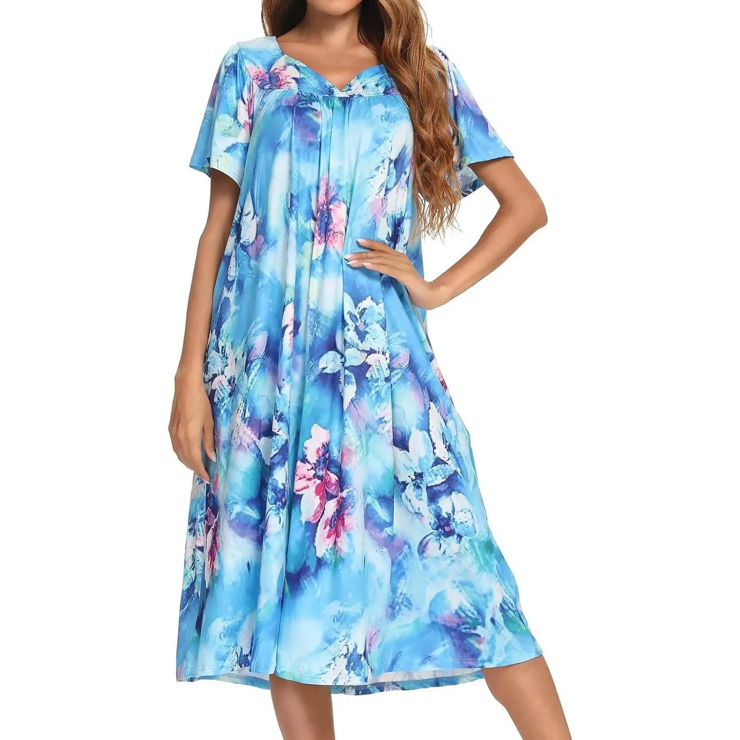 Women's Loose-Fitting Short-Sleeve V-Neck Mumu Dress, Casual Floral Loungewear Nightwear with Pockets, Perfect Gift for Her