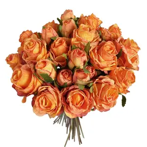 Vintage Simulation Rose Home Decor Wedding Bouquet Props Silk Flower Orange 13 Head Bulgarian Burnt Edge Rose 2 Bunches Party Decoration Ornaments