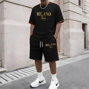 Men's Milan Letter Pattern Short-Sleeve T-Shirt and Drawstring Shorts Set, Men's Clothing, Casual Sportswear Short-Sleeve Top and Shorts, Summer Men's Everyday Wear, Indoor and Outdoor Sportswear, Sports Set