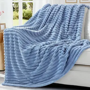 Soft Fleece Blue Grey Twin Blanket for Bed, Cozy Plush Flannel Striped Throws for Couch Sofa, Lightweight Decorative Ribbed Fuzzy Blanket for Woman, 60x80 Inches
