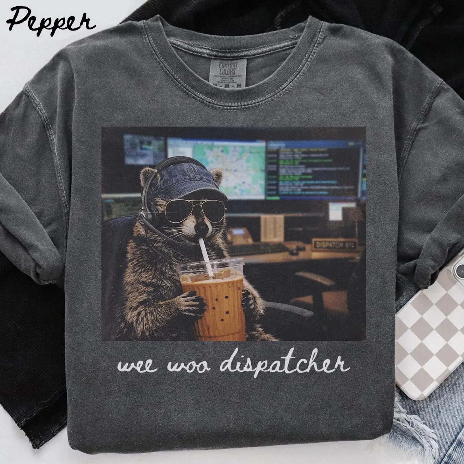 Comfort Colors Dispatcher Raccoon Shirt, Funny 911 Dispatcher Graphic Tee, Retro Wildlife T-Shirt, Vintage Humor Style, Night Shift Vibes- Kato Fshion