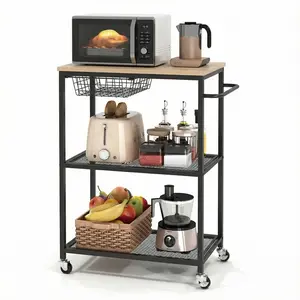 Garvee Versatile 3-Tier Rolling Kitchen Cart – Metal Frame & Wooden Tabletop – Lockable Wheels, Utility Storage Shelf for Kitchen, Coffee Bar, Laundry, Office – Portable Mobile Serving Rack