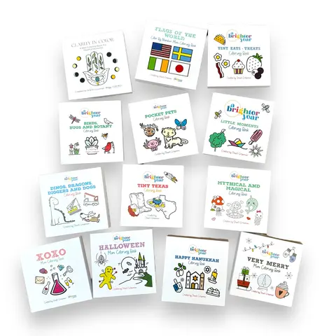 A Brighter Year 17-Piece 3x3 in Mini Coloring Activity Books Bundle - Little Moments, Tiny Texas, Mythical & Magical, Clarity in Color, Flags of the World, Bold Easy Designs, Adult Christmas Stocking Stuffers