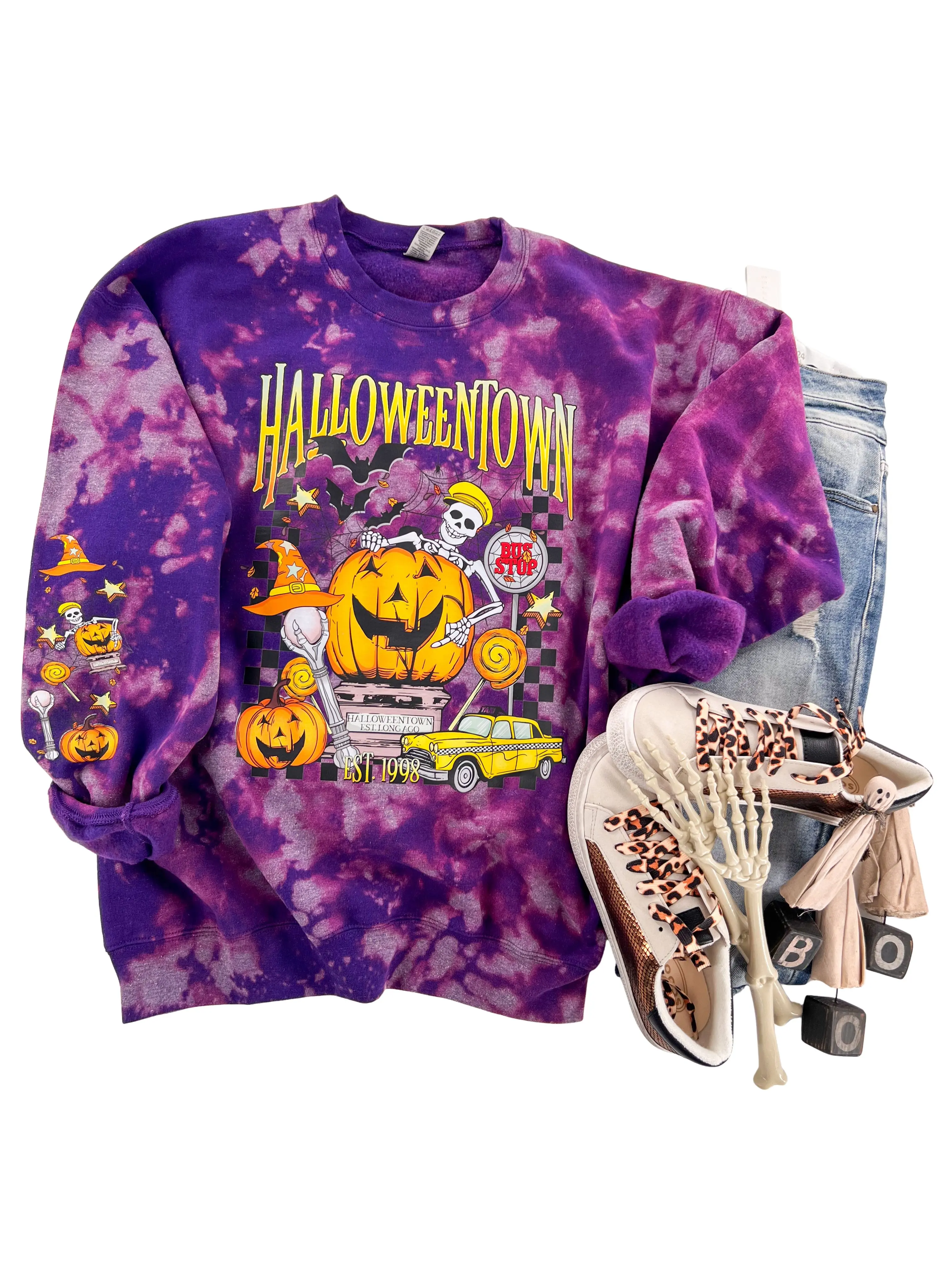 Halloween City Skeleton Town Sweatshirt or Hoodie with sleeve print Comfy Womenswear Tops Long Sleeve Oversized