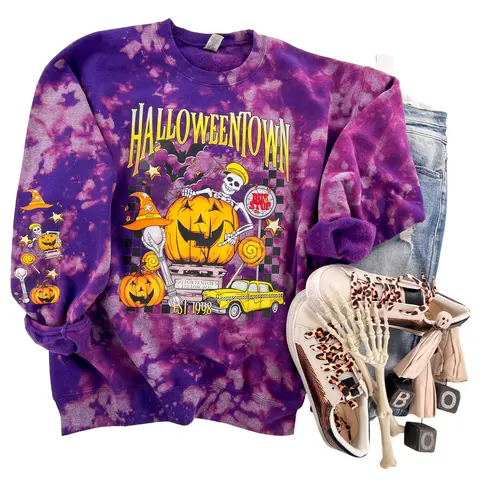 Halloween City Skeleton Town Sweatshirt or Hoodie with sleeve print Comfy Womenswear Tops Long Sleeve Oversized