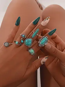 Boho Style Turquoise Ring Set, Vintage Punk Design, Silver Color Alloy, Zircon Inlay, Unisex Jewelry for Daily Wear