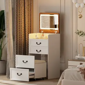 Miu Small  vanity with Flip-up LED Mirror, Glass Tabletop,6-Compartment Storage Space, Soft Stool with Hidden Space & Drawer