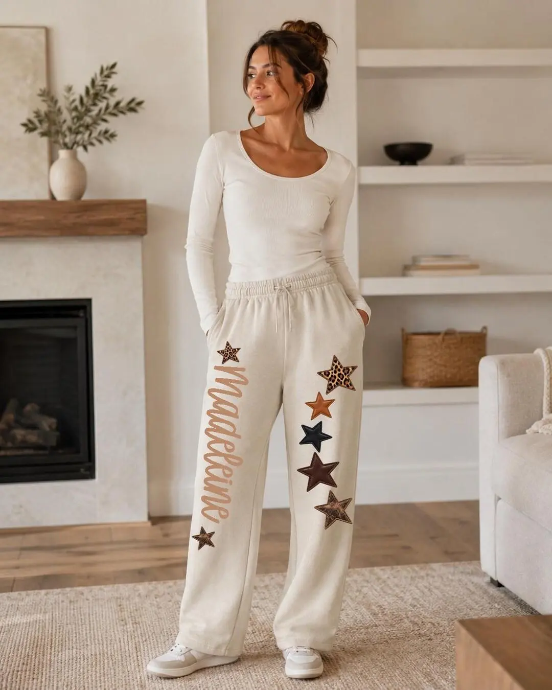 Custom Name Sweatpants with Star Patches, Personalized Star Sweatpants, Leopard Print Star Joggers, Custom Name Pants