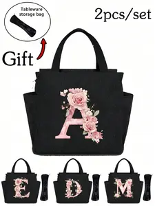 Double-layer pocket insulated lunch bag, floral alphabet A-Z initial lunch bag, reusable insulated tote with utensil bag, cute pink rose alphabet lunch box, large nylon collegiate-style lunch box