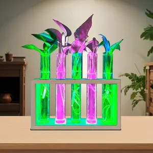Hydroponic Glass Tube LED Light Pink & Green Wooden Basin Water Plant Decoration for Growth USB Powered 1Set