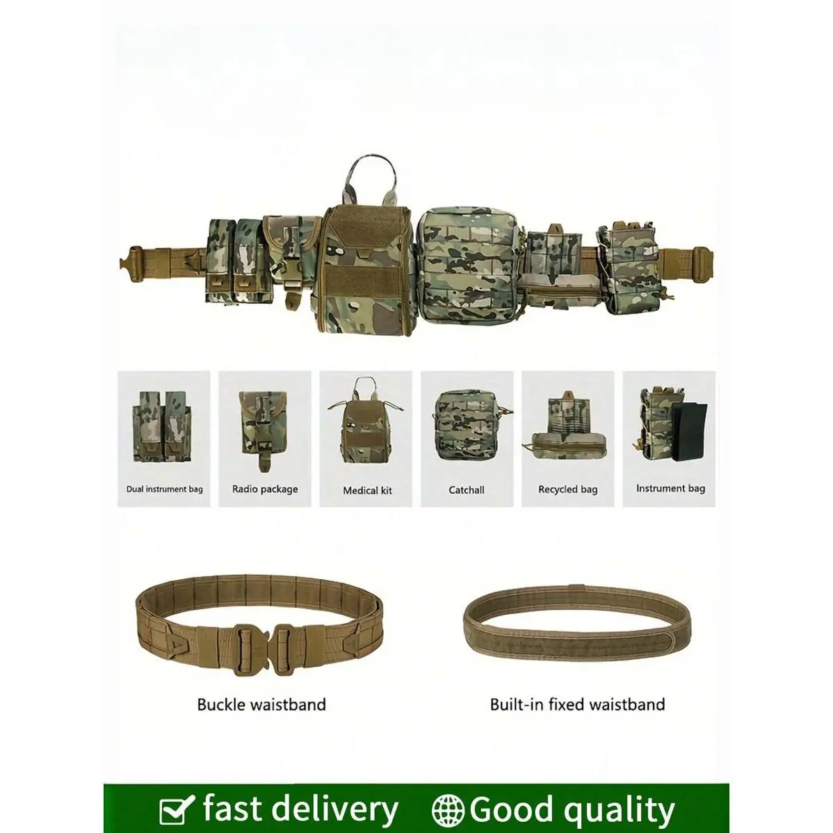 Molle Battle Belt with Accessories -Tactical Combat Belt Quick Release Rigger Airsoft Belt Heavy Duty Belts 8 pcs Survival Tools Survival Kit