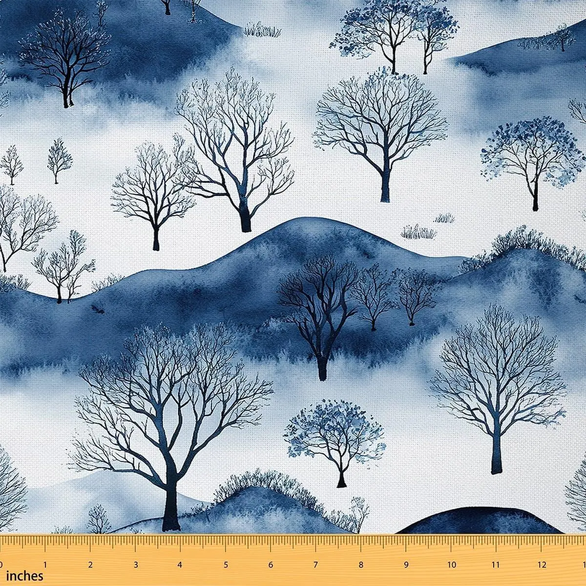 Wild Tree Fabric,Mountain Outdoor Fabric,Blue Tie Dyed Fabric Decor,Traditional Chinese Style Flannel Polyester Fabric