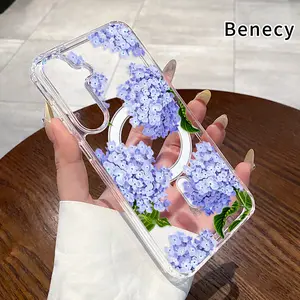Magnetic Phone Case Supports Wireless Charging for  Samsung Galaxy S26 Edge S23 Ultra S24 Plus FE S25 S22+ Lavender Hydrangea Grace Pattern Anti-Yellowing Shockproof durable ultra-thin Crystal Transparent Acrylic Large Hole Cover