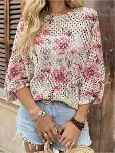 Spring & summer Bohemian knit top, round neck, hollow-out batwing sleeves, loose fit. Contrast pink floral print, lightweight. Great for daily, commute, vacation & beach bikini cover-up.