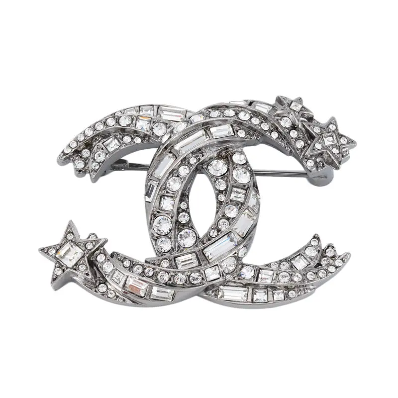 Pre-owned Chanel Gunmetal Tone Crystal Star CC Logo Brooch Pin JLP020507