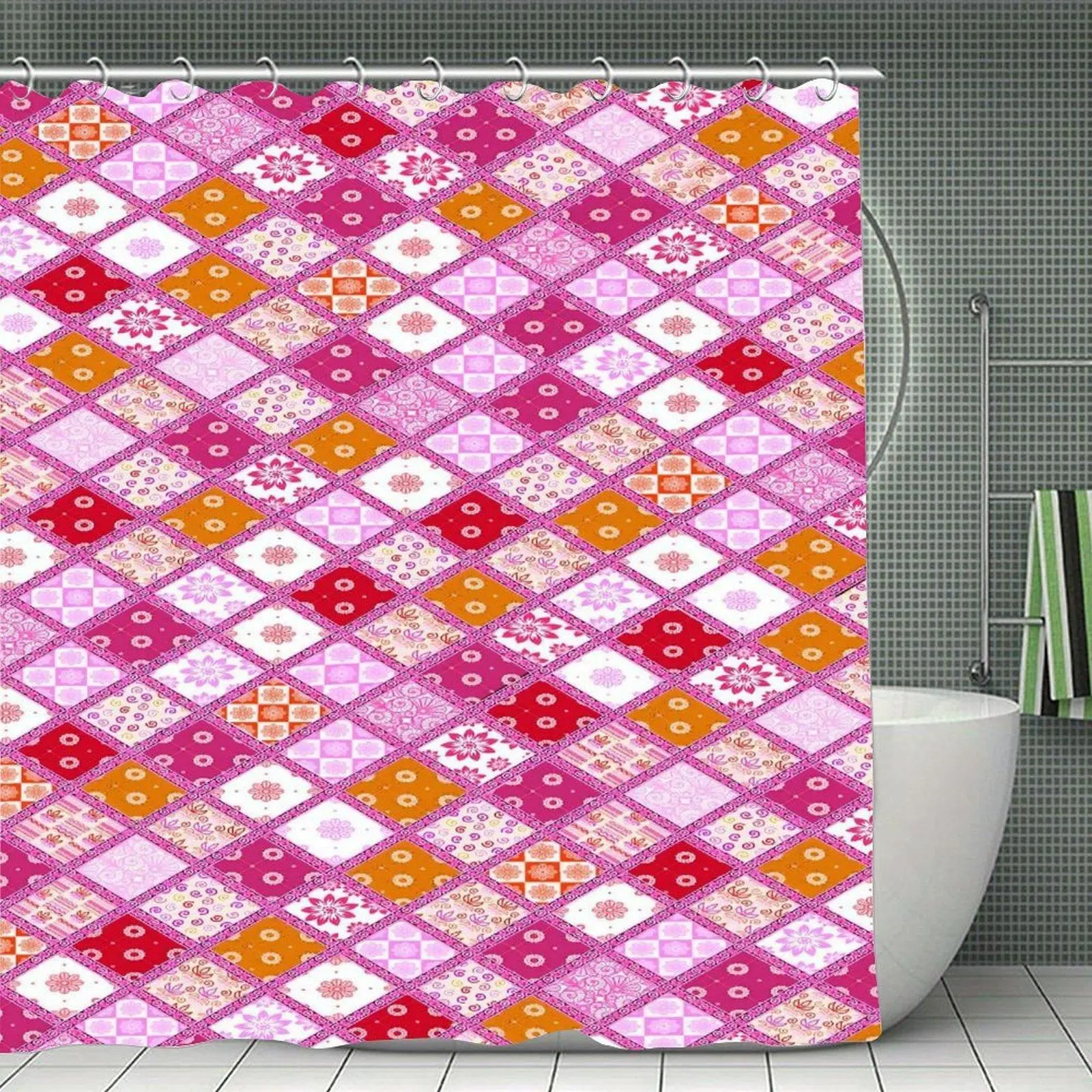 Pink Orange Patchwork Floral Quilt Pattern Shower Curtain
