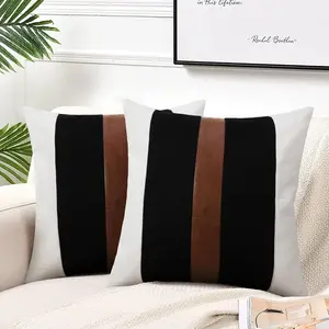 Set of 2 Faux Leather and Linen Throw Pillow Covers 20x20 Inch Black and White Modern Farmhouse Accent Pillow Covers for Couch Sofa