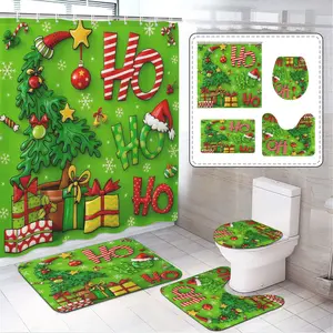1/4pcs Christmas Theme Bath Curtain Set with Tree and Hat Design, Anti-Slip Mat, U-Shaped Rug, Toilet Lid Cover, Includes 12 Hooks