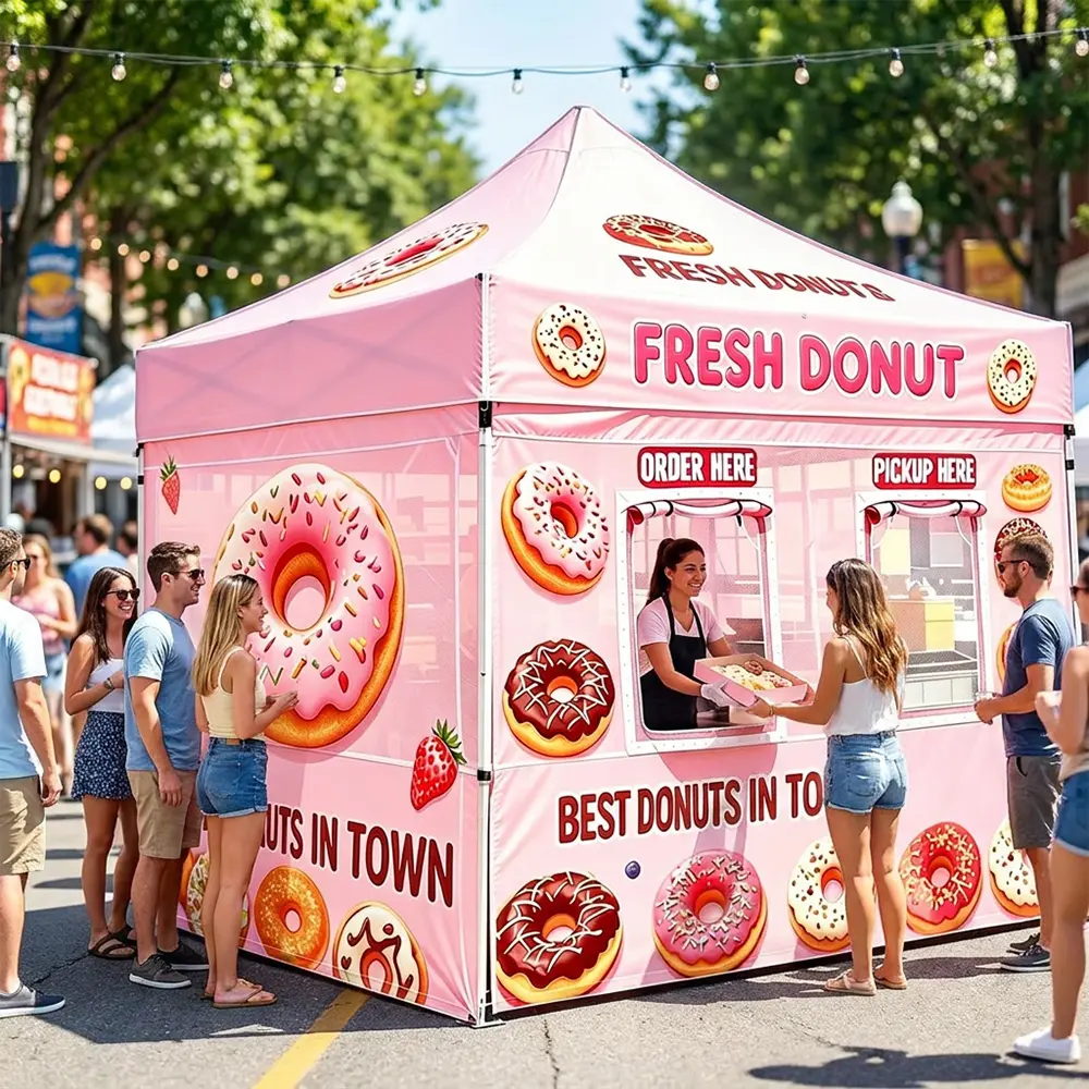 Donut Pop Up Tent – 10x10ft Commercial Canopy Booth for Food Vendors, Waterproof & Fade-Resistant with Carry Bag