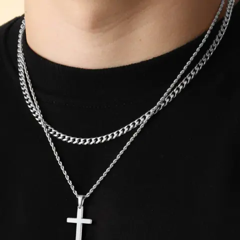 Men's Simple Style Plain Color Cross Pendant Necklace (2counts) Cross Necklaces Twist Chain Stainless Steel Jewelry for Party, Daily Clothing Decor, Trendy All-match & Exquisite Jewelry for Birthday Gift Fashion Necklace Casual Style Necklaces