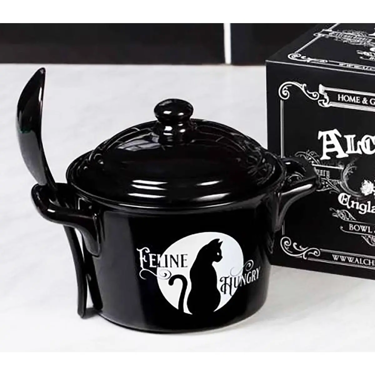 Wicca Full Moon Black Cat Fine Bone China Lidded Bowl Set with Matching Spoon - 16 fl oz, 4.5" Deep, 6.25" Wide, Oven & Dishwasher Safe, Witchcraft Garden Decor Tableware, Gift for Wicca/Macabre Loving Friend (Home Improvement Supply)