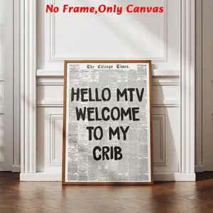 Vintage Newspaper Pattern Unframed Painting, Unframed Art Print, 1 Count Welcome To My Crib Lettering Wall Art, Wall Decor for Home Living Room Bedroom