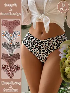 Women's Seamless Wave Hem Triangle Briefs Set, Cherry Leopard Plant Print Low Waist Comfort Underwear, Slim Fit All Seasons