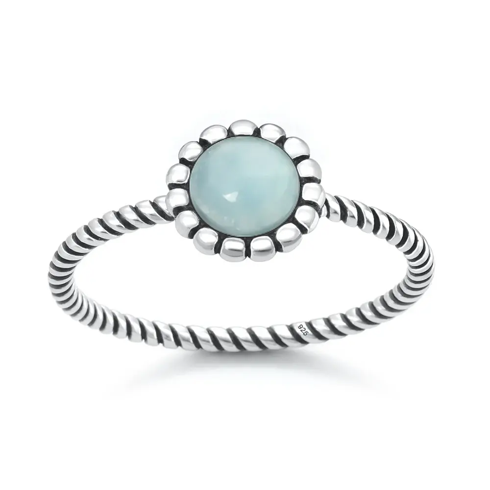 Round Larimar Stone with Scalloped Edge Ring - Oxidized 925 Sterling Silver