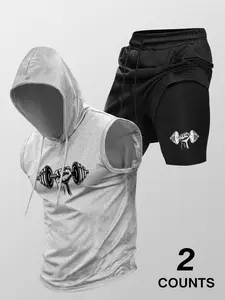 Two-Piece Set Men's Basketball Print Hooded Tank Top & Drawstring Waist Shorts Set, Regular Fit Casual Sleeveless Top & Shorts, Men's Summer Clothes, Workout Sets, Gym Athletic Clothes