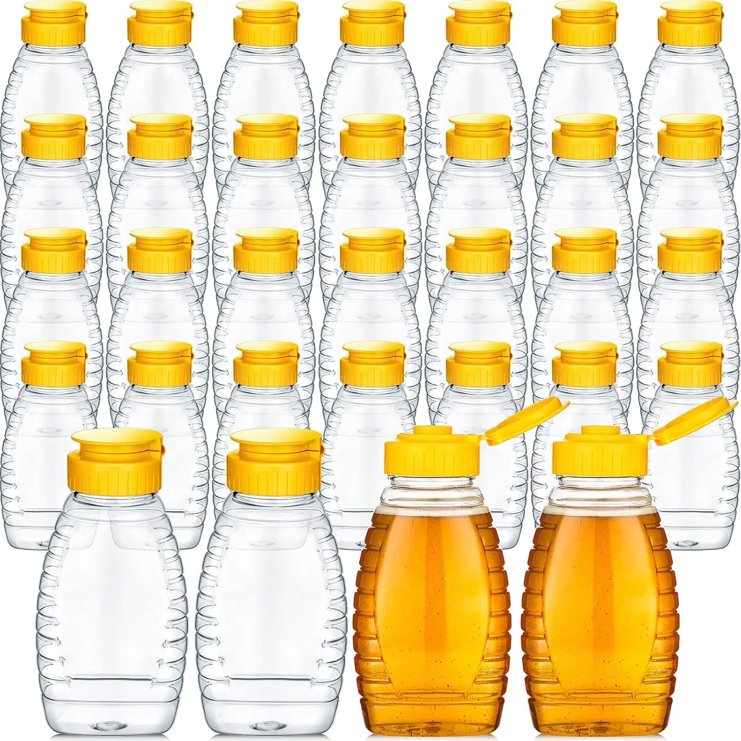 32 Pcs 8.8 oz Clear Plastic Honey Jar Empty Honey Bottles with Caps Refillable Containers Leakproof Squeeze Bottle Container Holder with Flip Lid for Storing(Yellow)