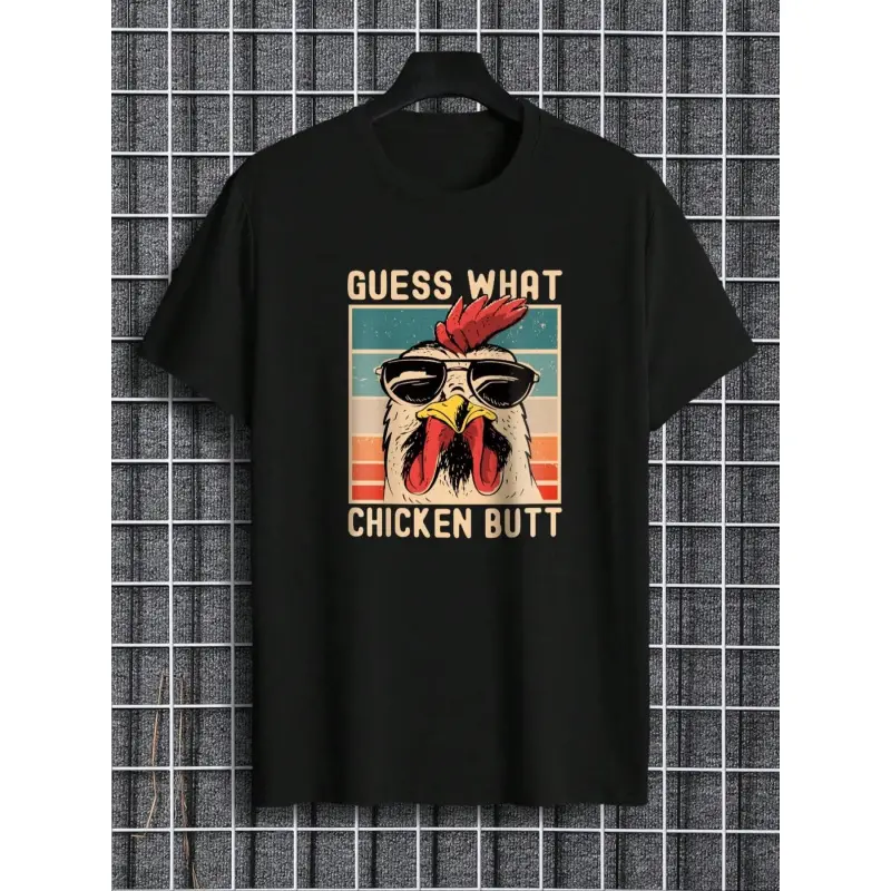 Men's Regular Fit Letter & Chicken Print Round Neck Tee, Summer Clothes Casual Soft Comfortable Short Sleeve T-shirt For Daily Wear, Men's Top For Summer, Casual Matching Clothing