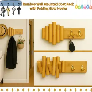 Bamboo Wall Mounted Coat Rack with Folding Gold Hooks – Rustic Wood Entryway Organizer for Keys, Hats & Bags, Space Saving Wall Hanger, Easter Gift