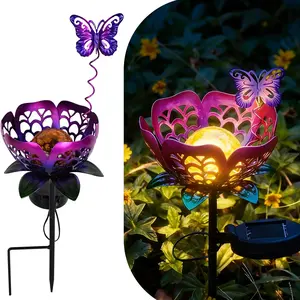 1Pcs Solar Ground Stake Light with Butterfly Flower Design, Includes Cracked Glass Ball, Outdoor Garden Pathway Decoration