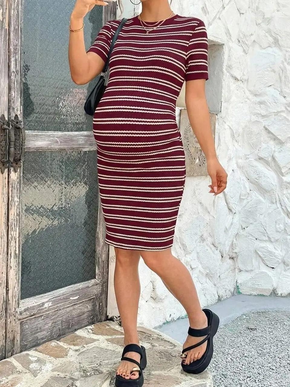 Beige Striped Maternity Dress | Crew Neck Ribbed | Bump Friendly & Short Sleeve Comfort