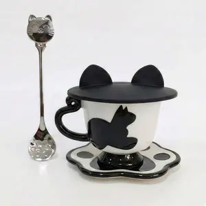 Cat Pattern Ceramic Mug Set 4pc w/ Lid Spoon Coaster