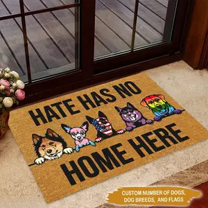 Custom Dog Doormat Hate Has No Home Here Diatom Mud Absorbent Entryway Rug Personalized Dog Breeds LGBT Pride Rainbow USA Flag Welcome Mat Non Slip Quick Dry Indoor Outdoor Front Door Mat Home Decor Gift