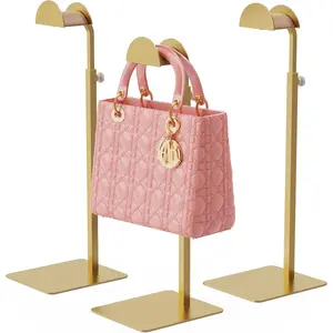 3 Pack Purse Display Stand, Adjustable Height 14.27"–24" Handbag Stand Stainless Steel with Wood Hook for Closet, Vanity & Retail Display – Gold