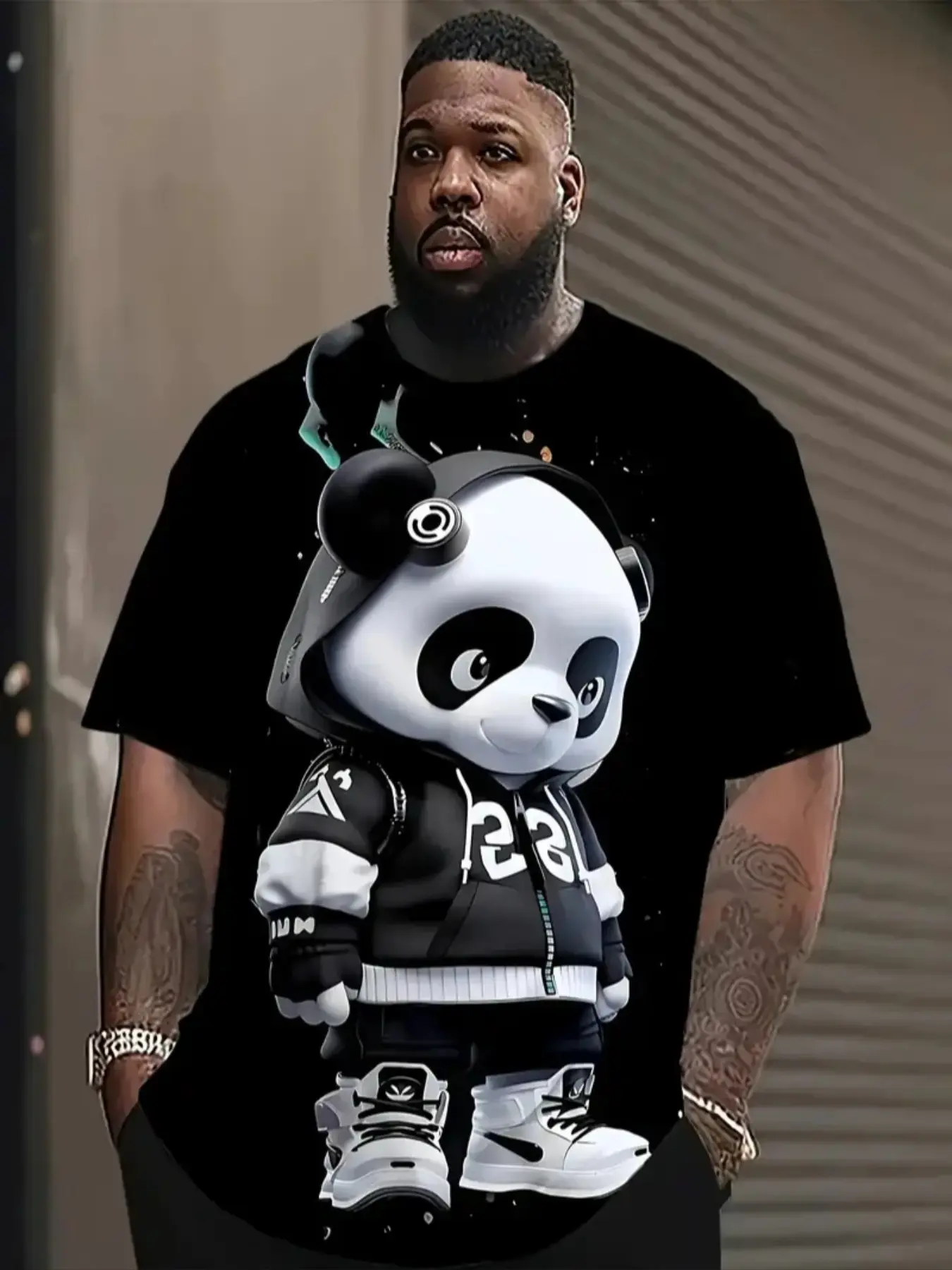 Men's Large Size Fun Panda Pattern T-Shirt, Round Neck Short Sleeve Street Style Streetwear Casual Top, Summer Clothing Menswear Fabric