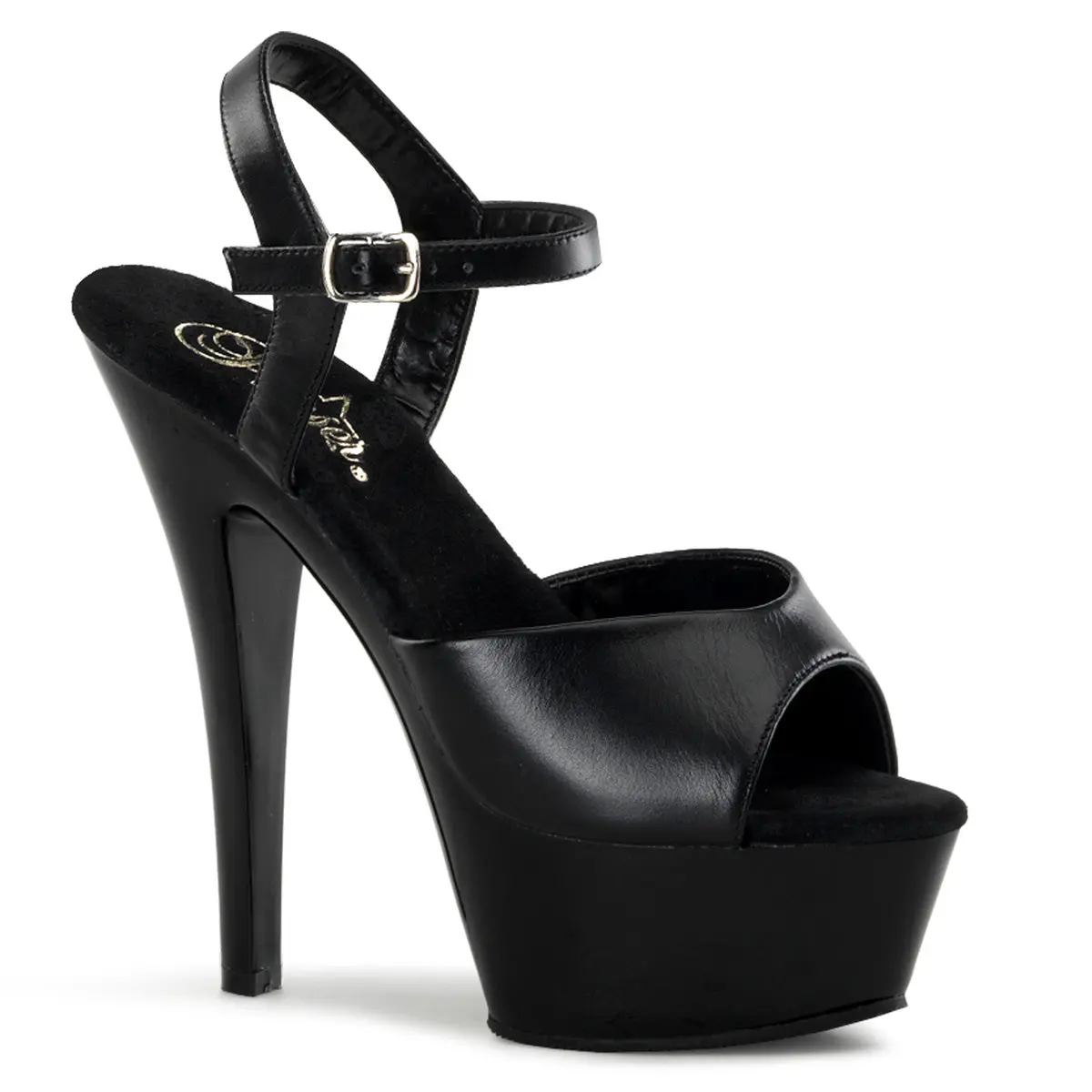 Pleaser Kiss-209 Women's Chic Black Leather Platform Sandals - 6 inch High Heel (5-8 cm), Peep Toe, Ankle Strap, Platform Sole, Party Nightclub Shoes, Statement Shoes, Elegant