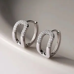 Geometric Half Hoop Zircon Earrings, Minimalist Piercing Jewelry for Women and Men, Everyday Personalized Gift