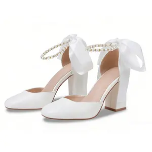 Pearl Wedding Shoes for Bride Block Heel Bridal Shoes Pointed Toe Wedding Heels Waterproof Platform Shoes White Dress Shoes Chunky Heel Square Toe Design Fashionable Party Style Wedding sandals elegant