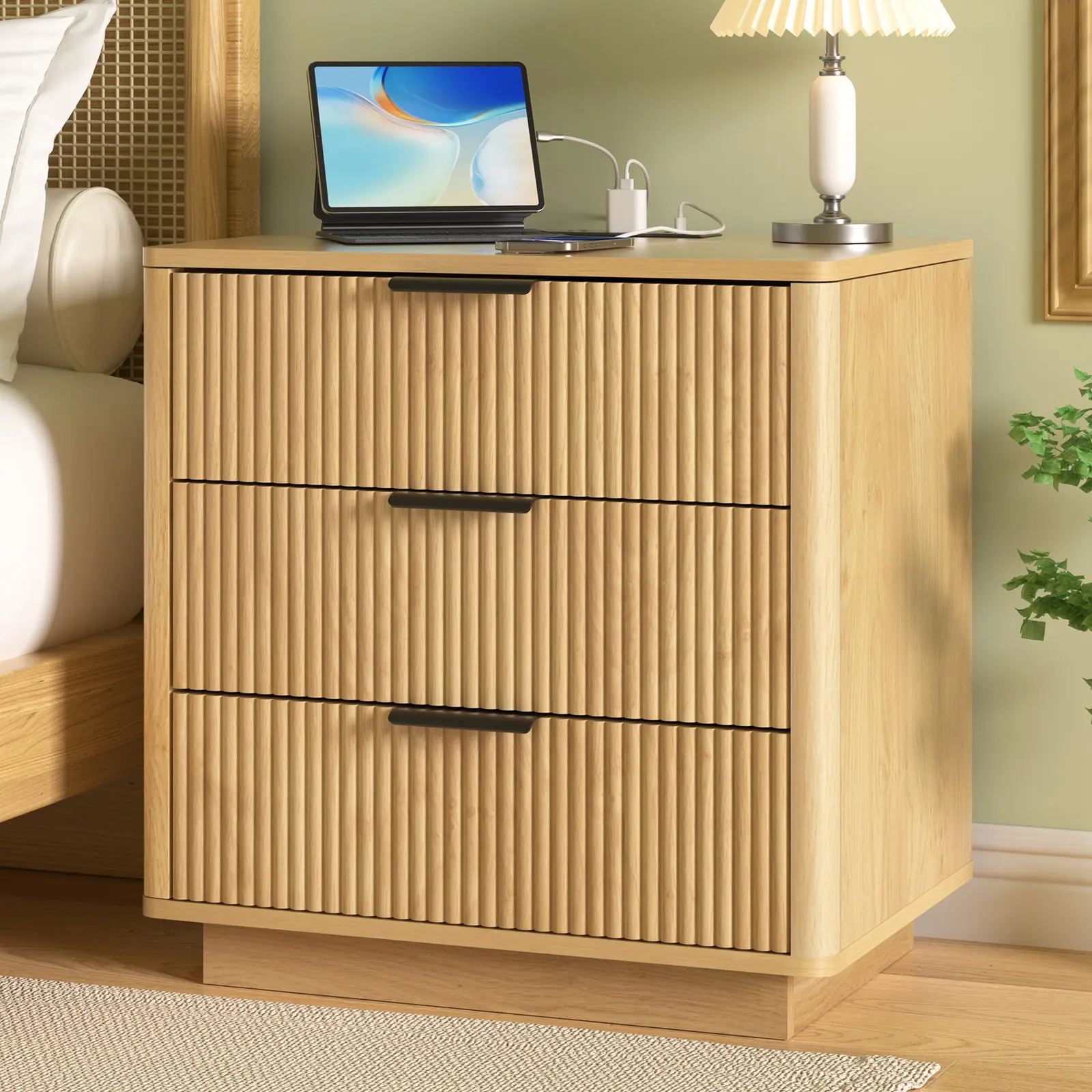 Hommpa 24'' Fluted Nightstand with Charging Station, Modern Bedside Table with Storage, 3 Drawer End Table with Metal Handle, Wooden Bed Side Table for Bedroom, Large Night Table Curved Profile Design