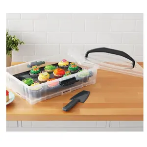 Dessert Carrier, Rectangular Design, Clear Plastic with Dark Gray Handle and Clasps, Includes Slice-and-Serve Utensil (1 Each) 18" x 12" x 4.3"
