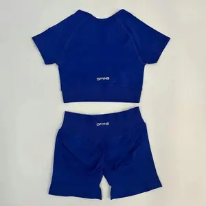 Dfyne Gym Set Womens Seamless Yoga Impact Crop Top Sleeved Sports Top Pleated Bum Shorts Fitness Suit