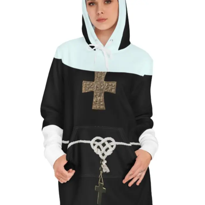 Sister Nun Costume Hoodie, Extra Long Hoodie Dress Style Womens Lazy Costume Cosplay Classic Halloween Historical/Period